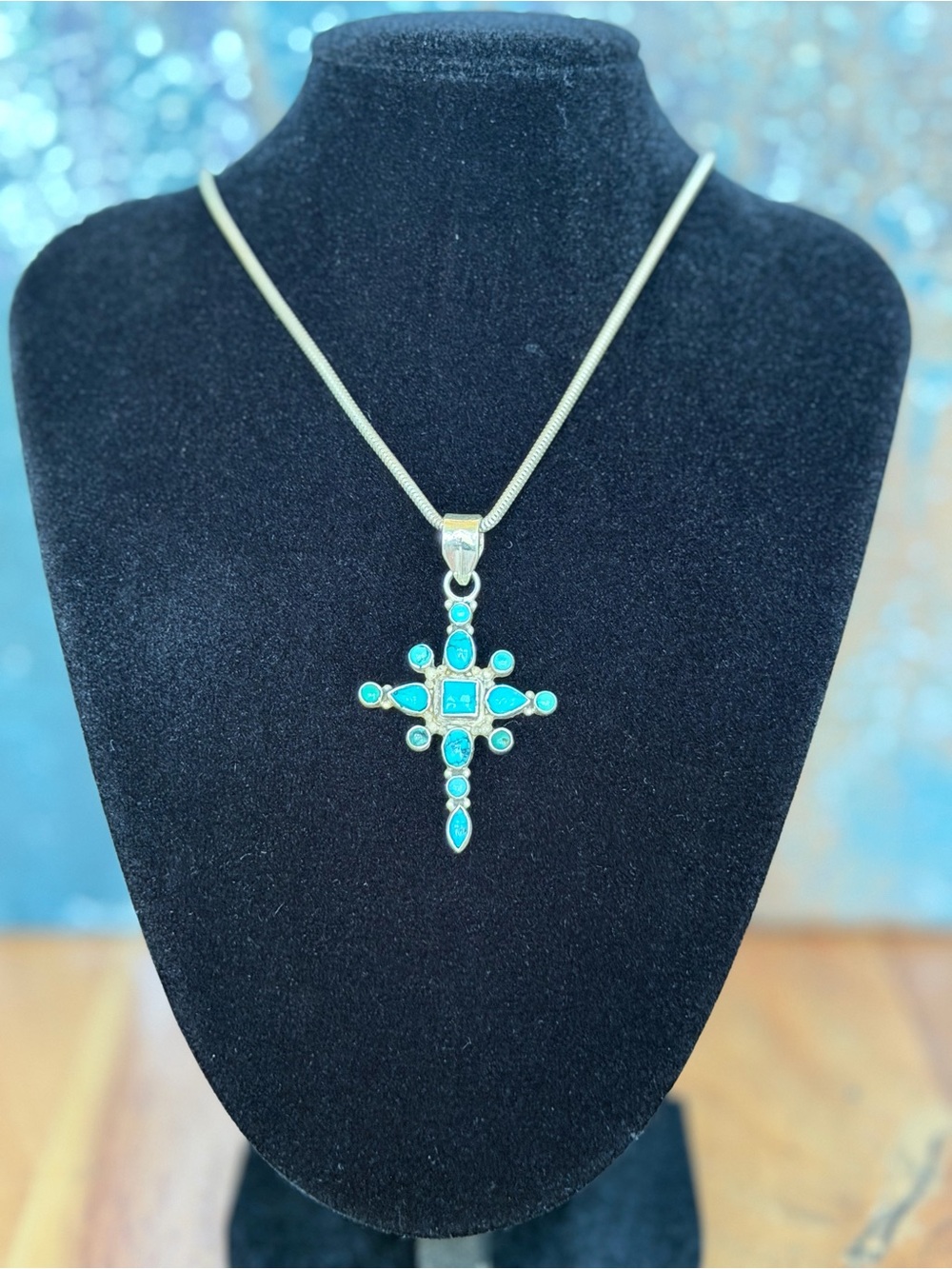 Vintage Sterling Silver 925 Southwestern Turquoise Cross Necklace VGUC